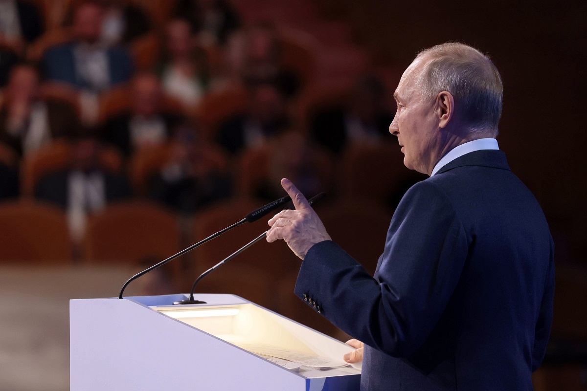 russian president vladimir putin delivers his speech