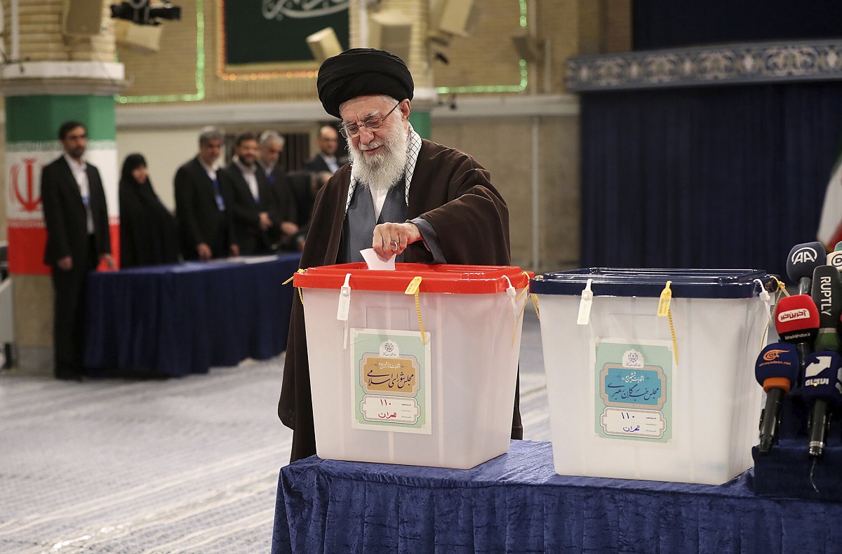 ayatollah ali khamenei casts his ballot during the parliamentary elections in tehran