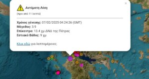 Σεισμός σημειώθηκε στις 6:25 της 7ης Φεβρουαρίου στον Πατραϊκό Κόλπο, αισθητός και στην Αιτωλοακαρνανία.